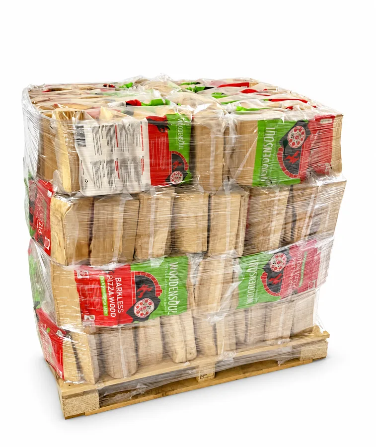 WoodenSoul pizza wood bags stacked and wrapped on a pallet